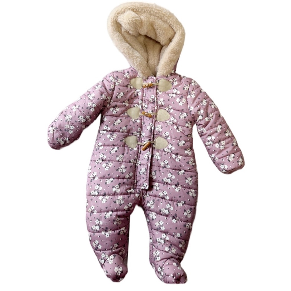 Nicole Miller Baby Mauve Floral Puffer Snowsuit 6-9M Faux Fur Hood Winter